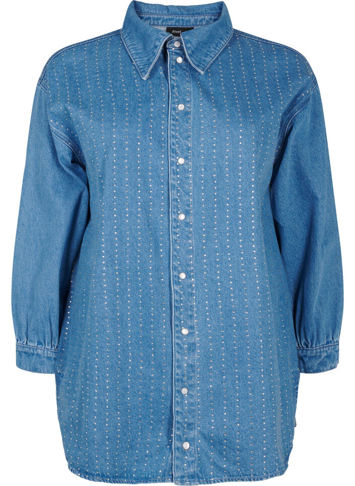 Denim shirt with rhinestones, Light Blue Denim, Packshot image number 0