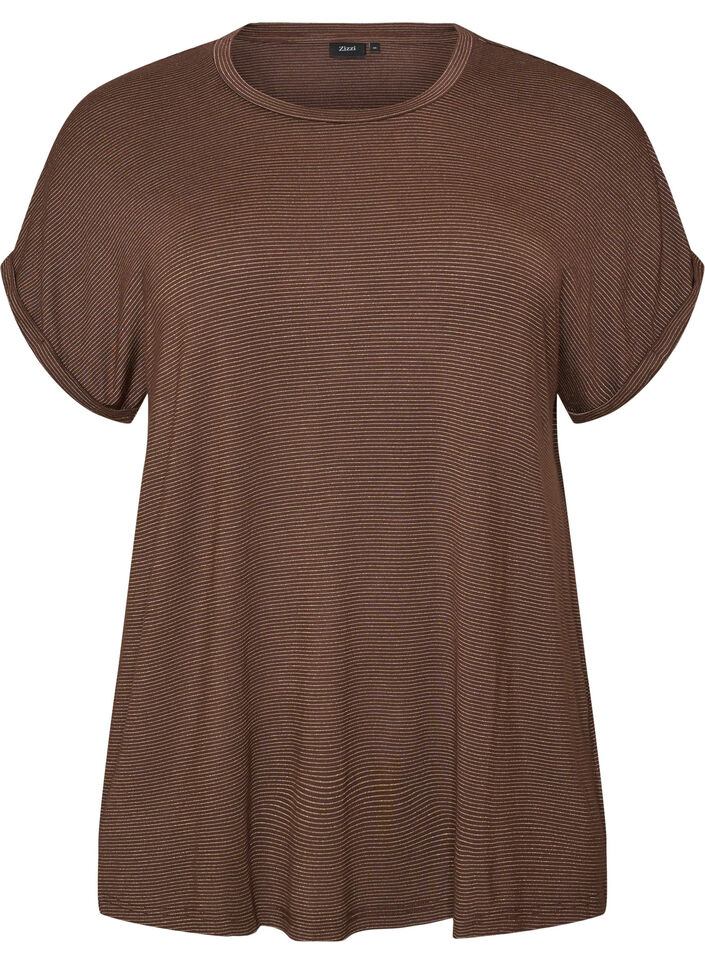 Viscose T-shirt with glitter stripes, Brown, Packshot image number 0