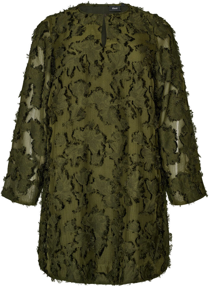 Dress with fringed threads and texture, Green, Packshot image number 0