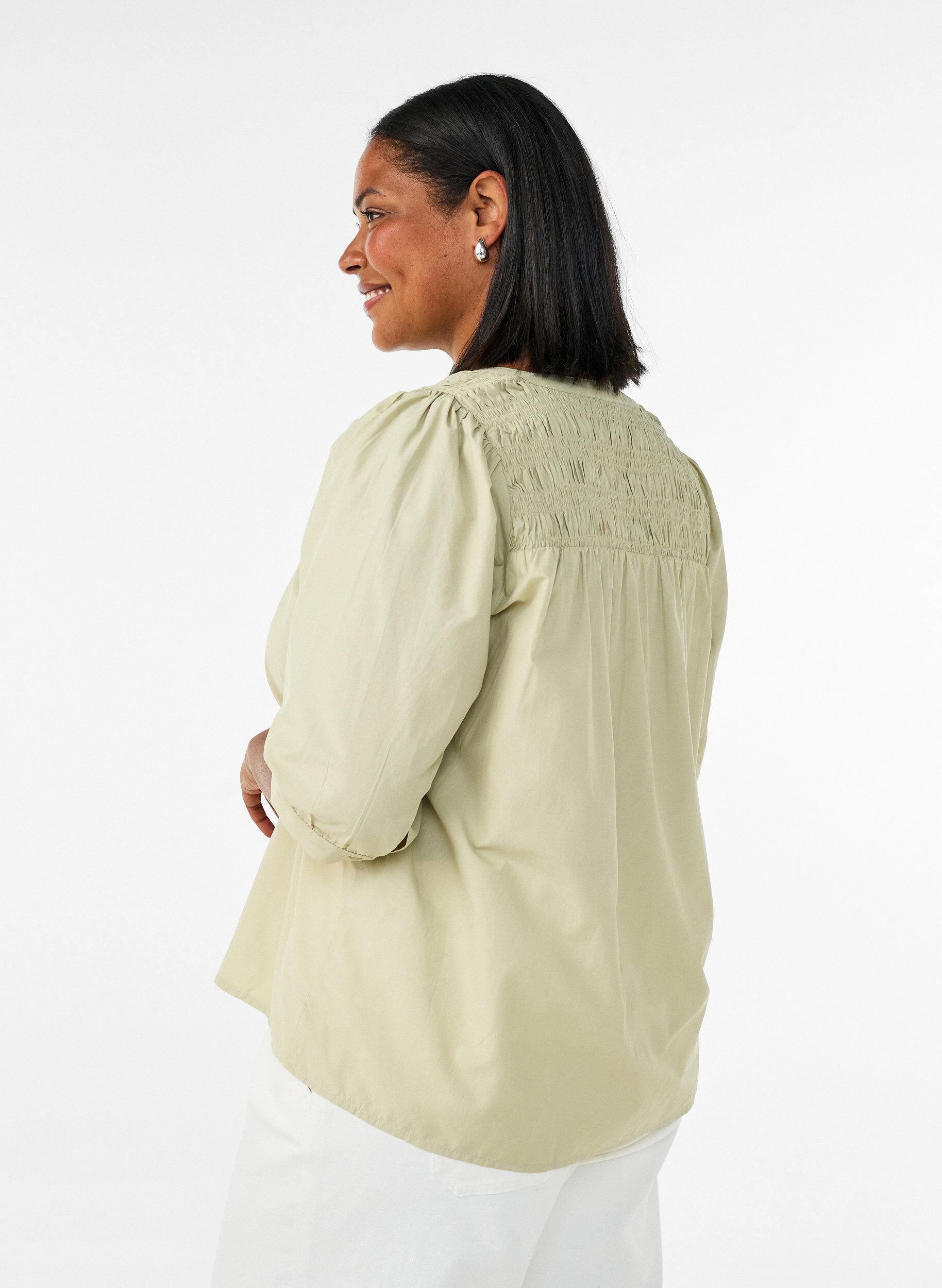 ZizzifashionBlouse with smock and 3/4 sleeves, Green, Model image number 2