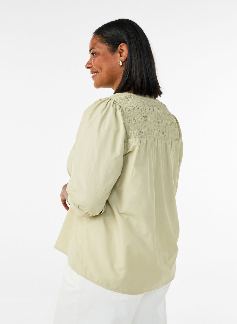 Blouse with smock and 3/4 sleeves, Green, Model image number 2