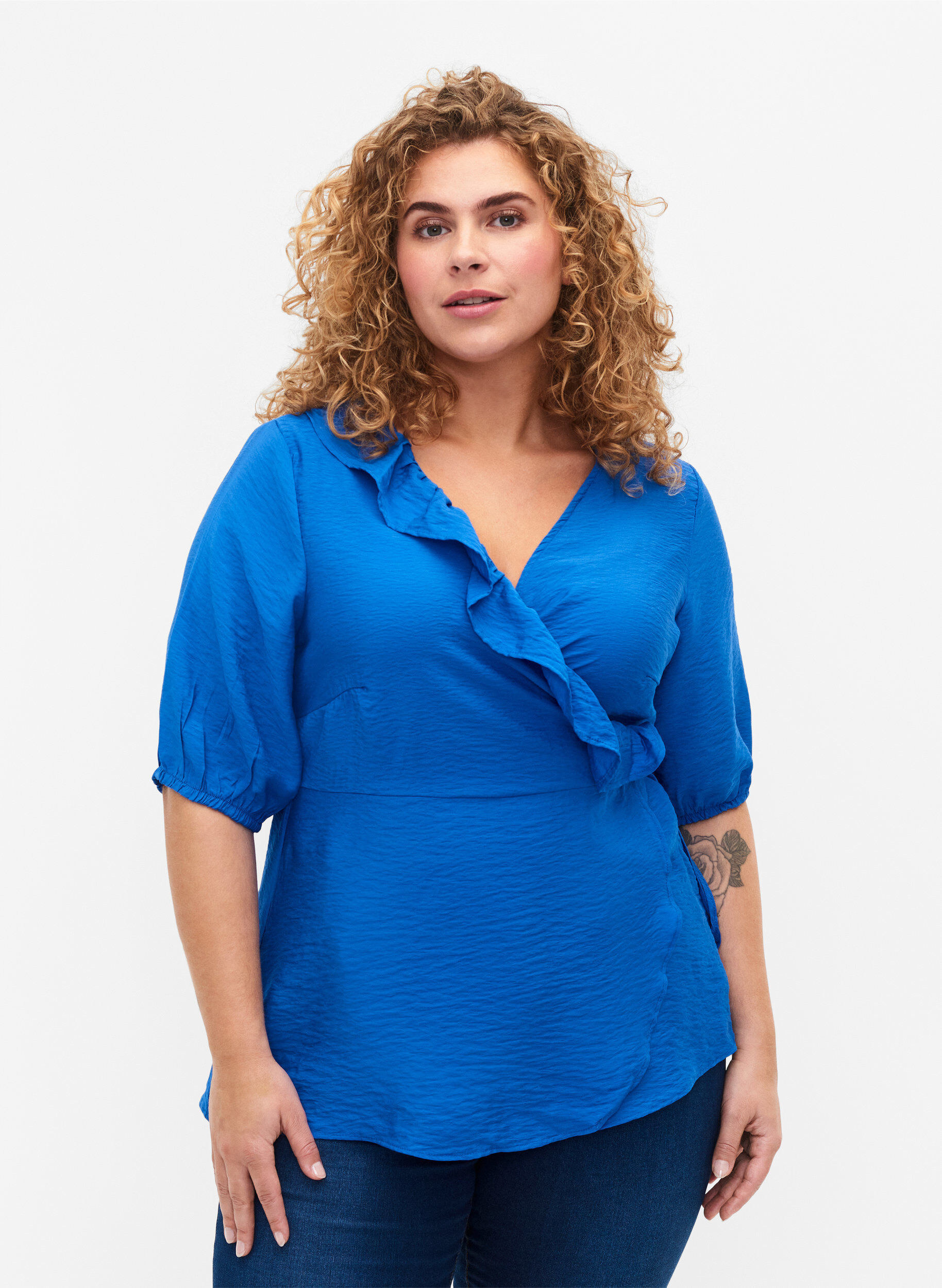 Zizzifashion Wrap blouse in viscose with 1/2 sleeves, Olympian Blue, Model image number 0