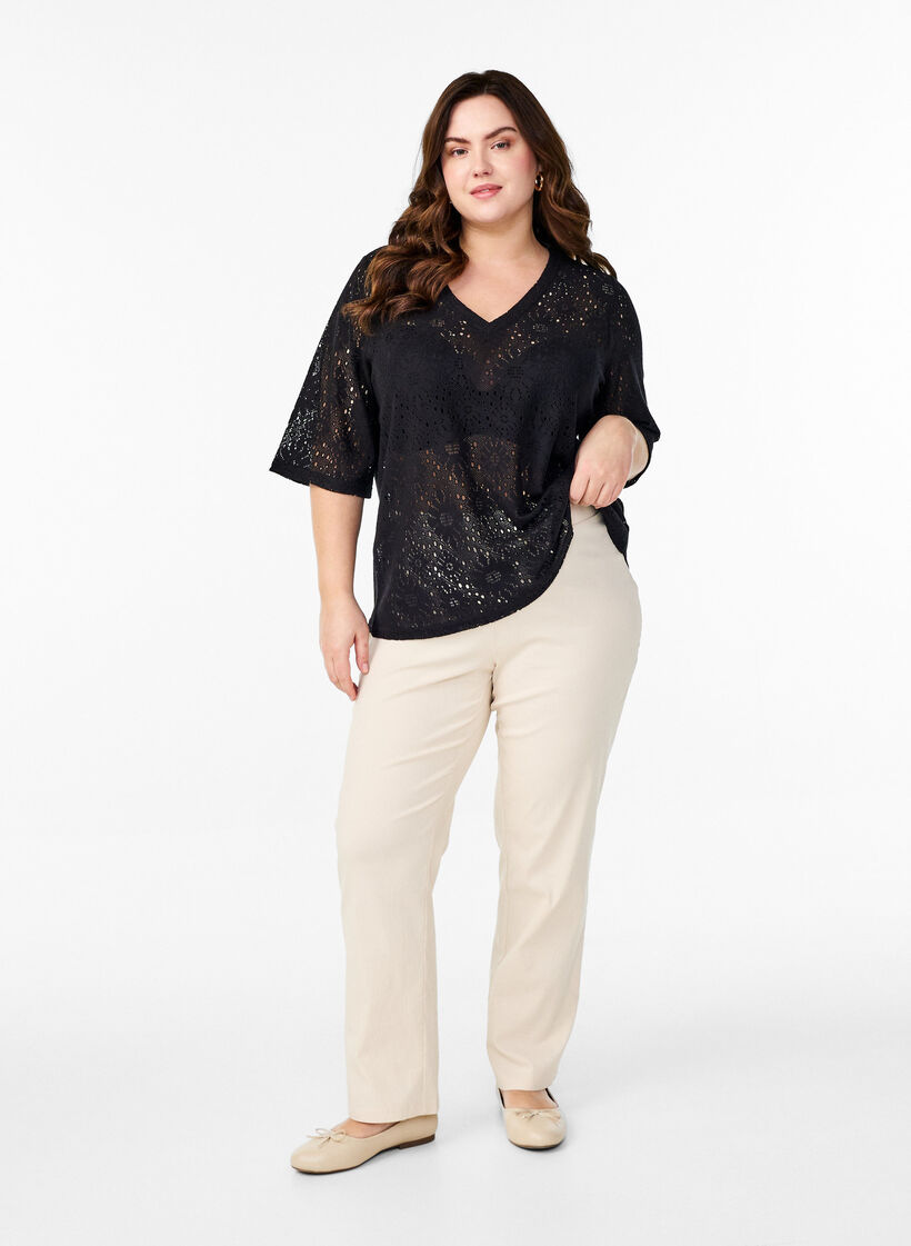 Blouse with an openwork pattern and short sleeves, Black, Model image number 1