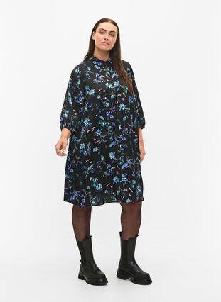 Shirtdress with 3/4 sleeves and floral print, Blue Flower AOP, Model image number 2