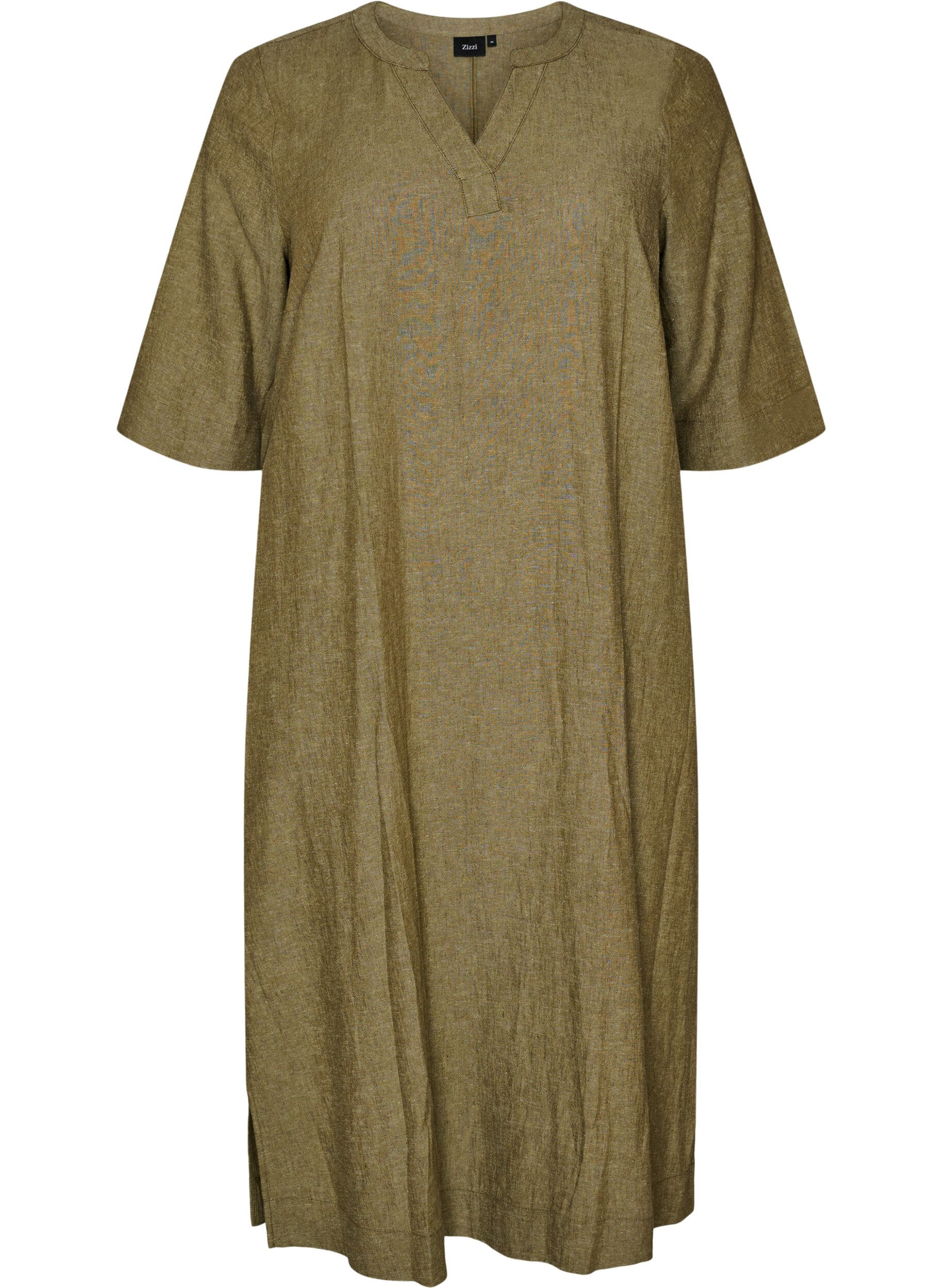 Zizzifashion Midi dress in linen and viscose with 1/2 sleeves, Green, Packshot image number 0