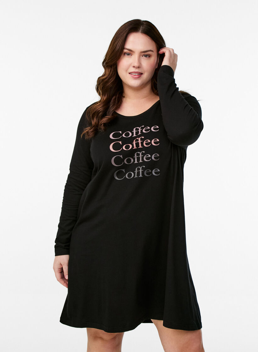 Long-sleeved nightgown in organic cotton, Black, Model image number 0