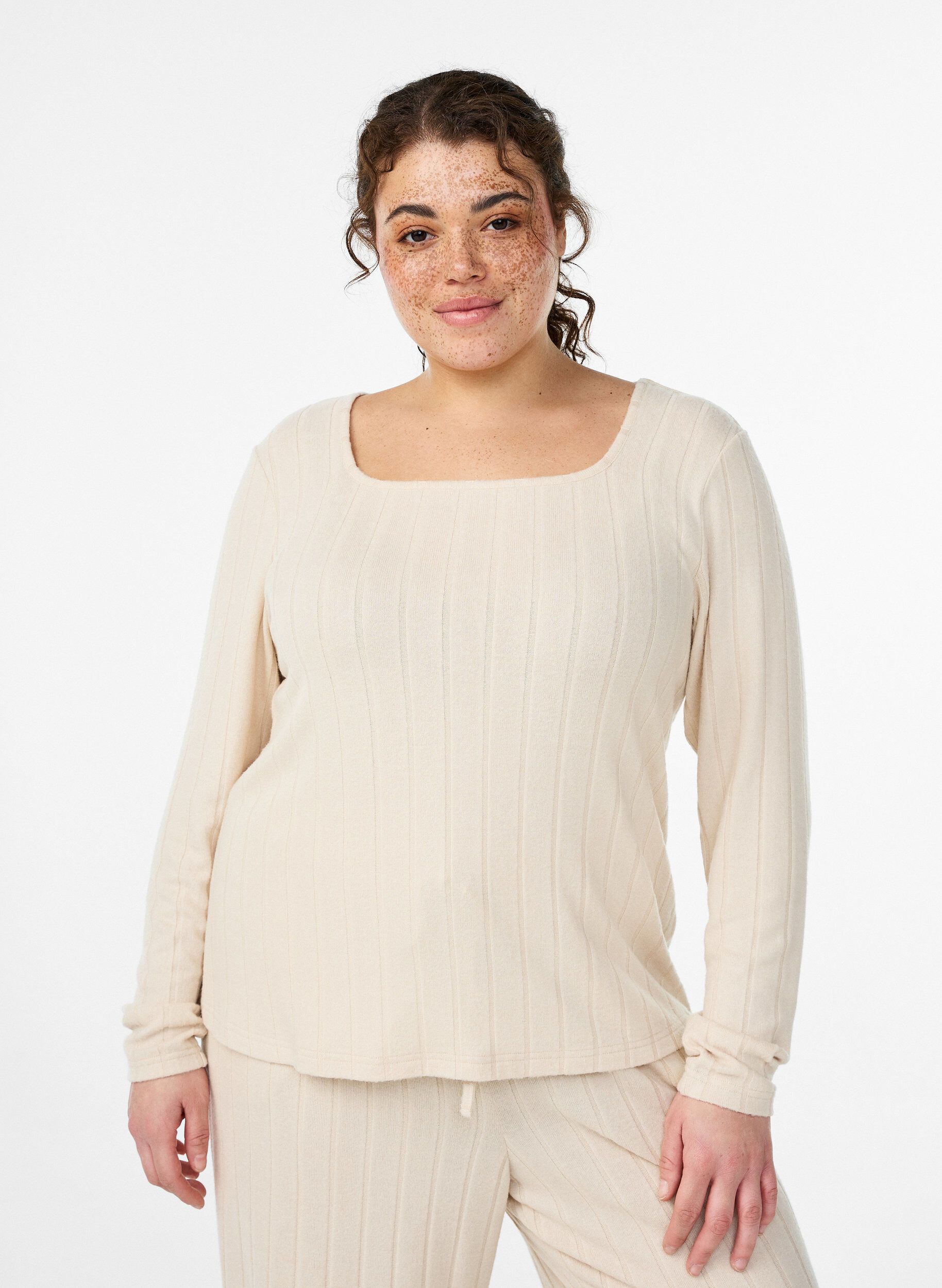 Zizzifashion Jersey blouse with a square neck and ribbed texture, Beige, Model image number 0