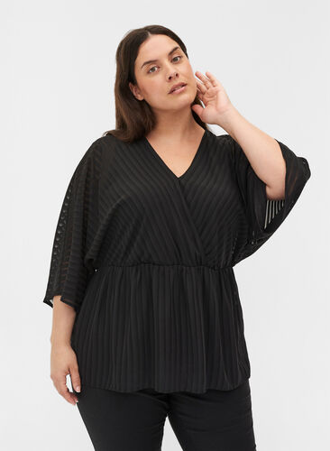 Blouse with 3/4 sleeves and a V-neckline, Black, Model image number 0