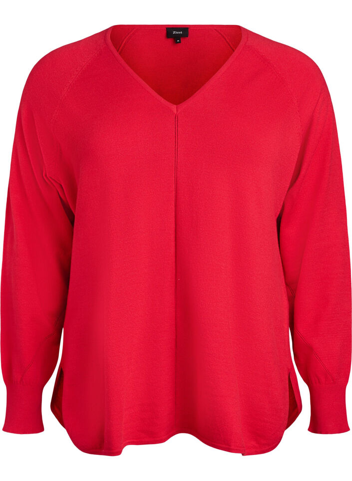 Fine-knit blouse with v-neck and front detail, Red, Packshot image number 0