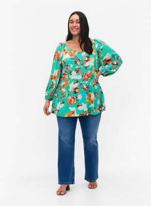 Printed viscose blouse with 3/4 sleeves, Arcadia AOP, Model image number 2
