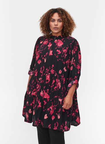 Long-sleeved, printed viscose tunic with zip, Black Pink AOP, Model image number 0