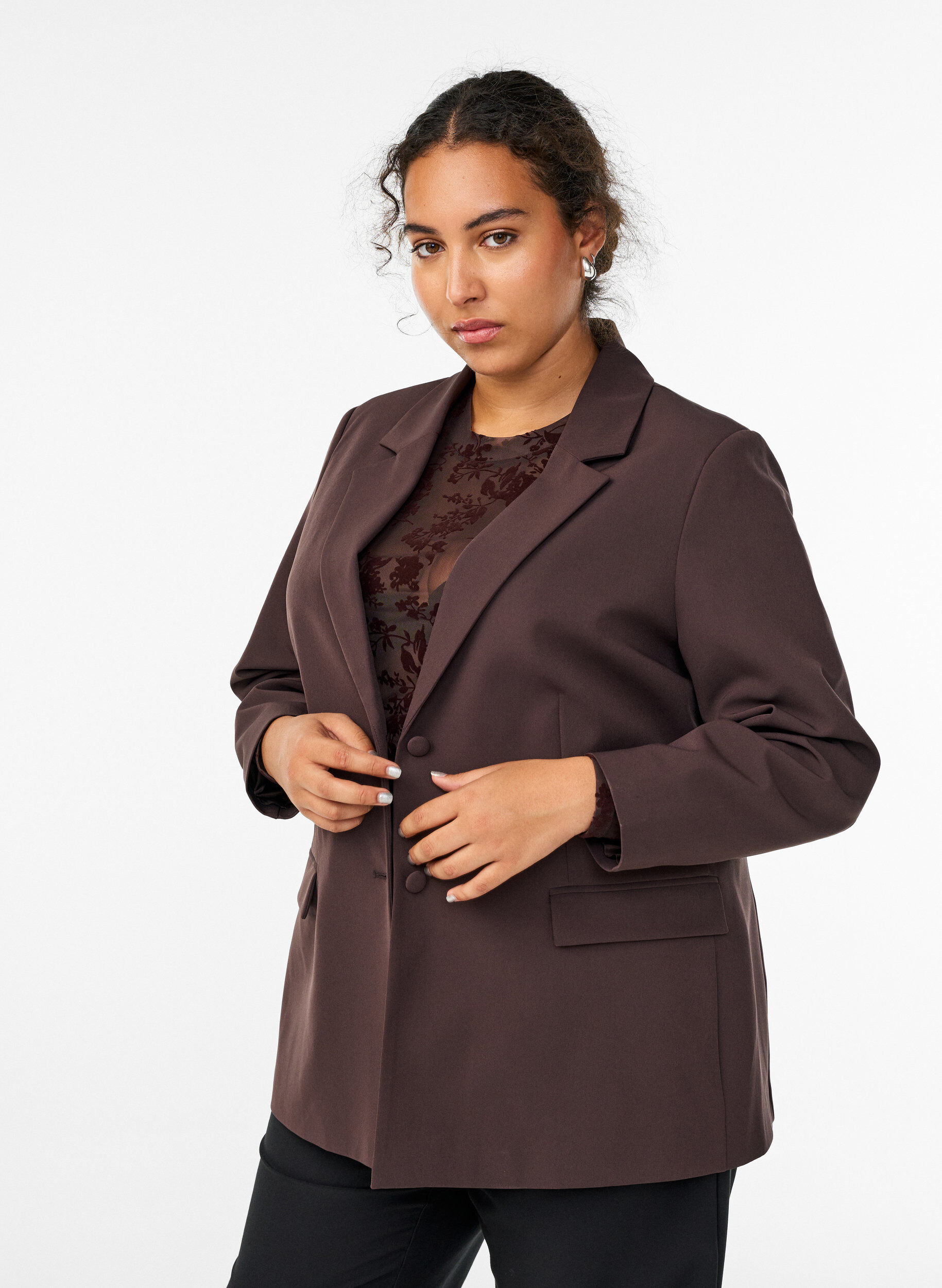 Zizzifashion Classic blazer with button fastening, Brown, Model image number 0