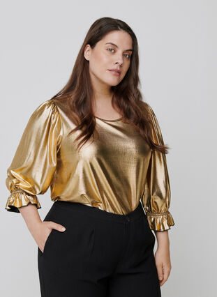Shiny blouse with 3/4 length puff sleeves, Gold, Model image number 0