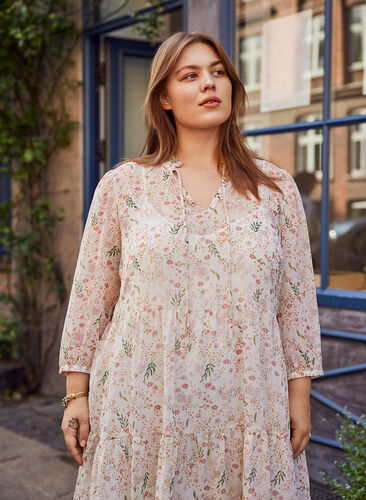 Floral print tunic with 3/4 sleeves, Off White Flower, Image image number 0