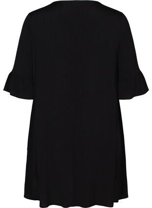 Viscose tunic with ruffled sleeves, Black Solid, Packshot image number 1