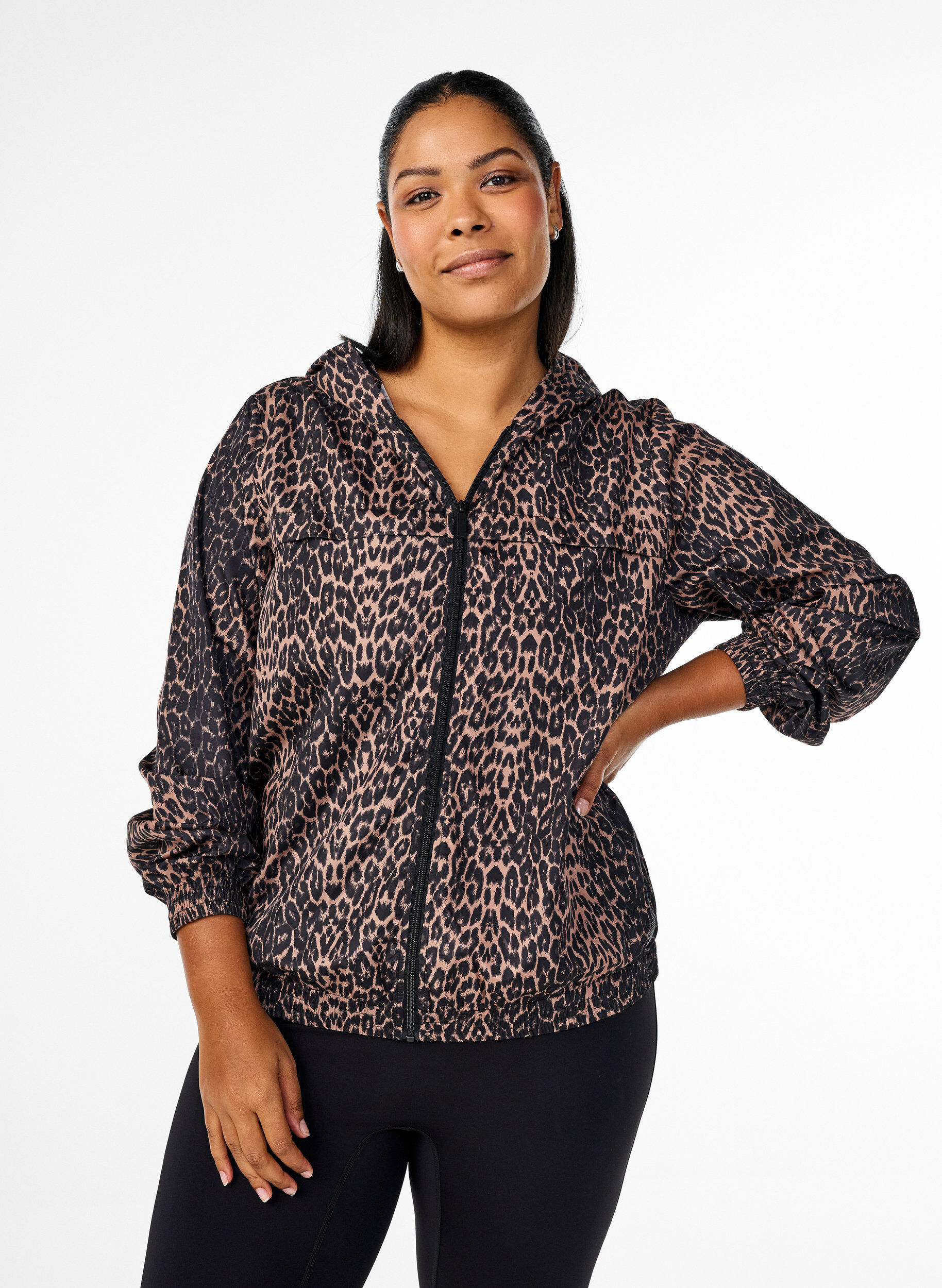 Leopard print sports jacket with a hood, Brown, Model