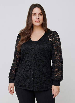 Lace blouse with long puff sleeves, Black, Model image number 0