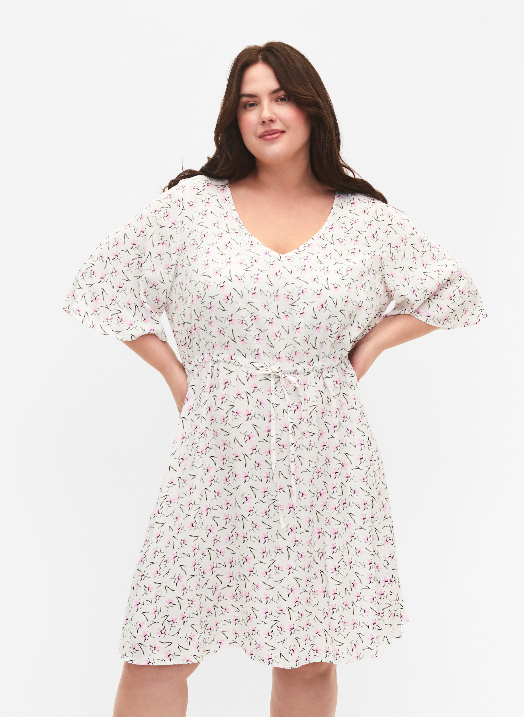Zizzifashion Dress with 1/2 sleeves and floral print in viscose, White Purple Flower, Model image number 0