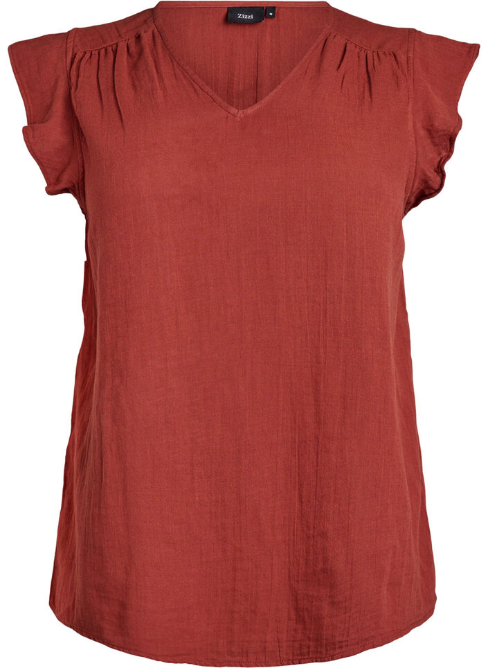 Sleeveless top in cotton muslin with ruffles, Red, Packshot image number 0
