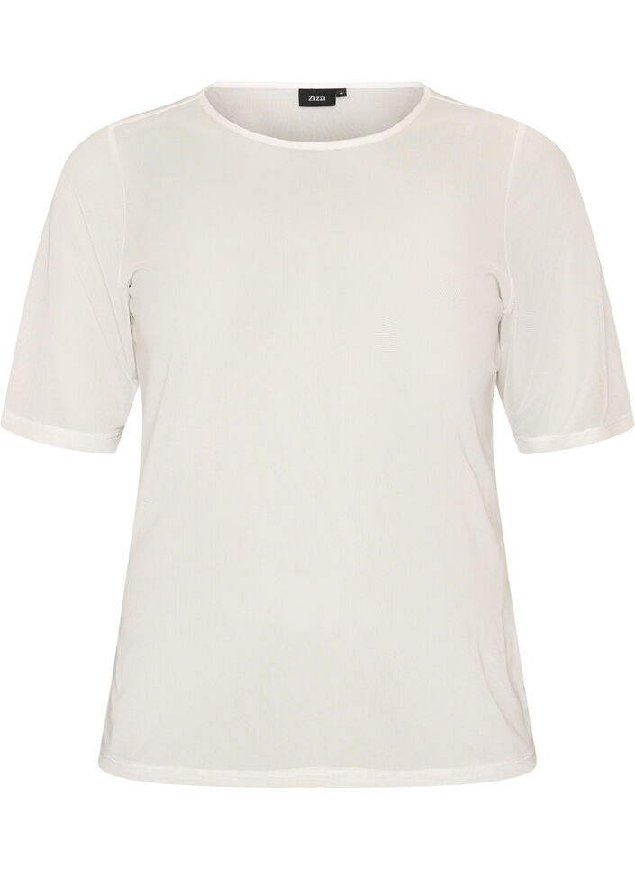 Mesh top with short sleeves and round neck, Vanilla, Packshot image number 0