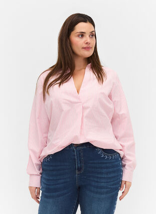 Striped shirt in organic cotton, Blush Stripe, Model image number 0