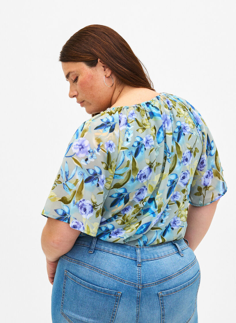 Floral party blouse with short sleeves, Wrought Iron AOP, Model image number 1