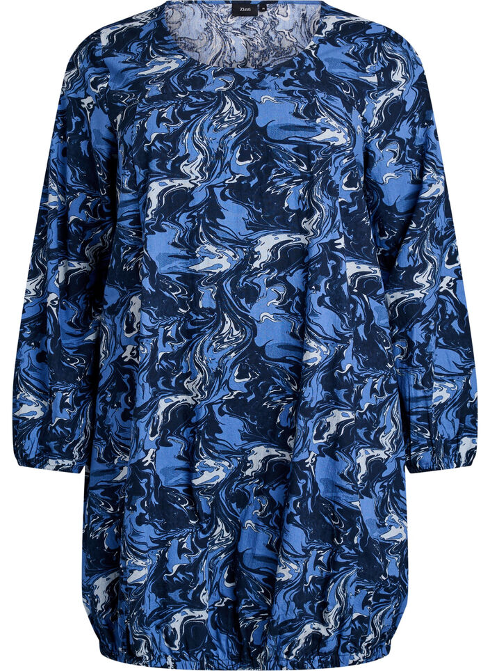 Short cotton dress with an elasticated hem and long sleeves, Blue, Packshot image number 0