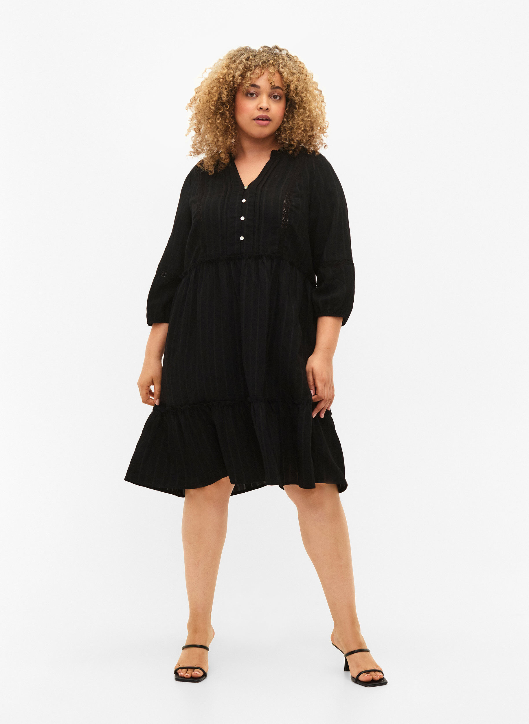 Zizzifashion Striped viscose dress with lace band and 3/4 sleeves, Black, Model image number 2
