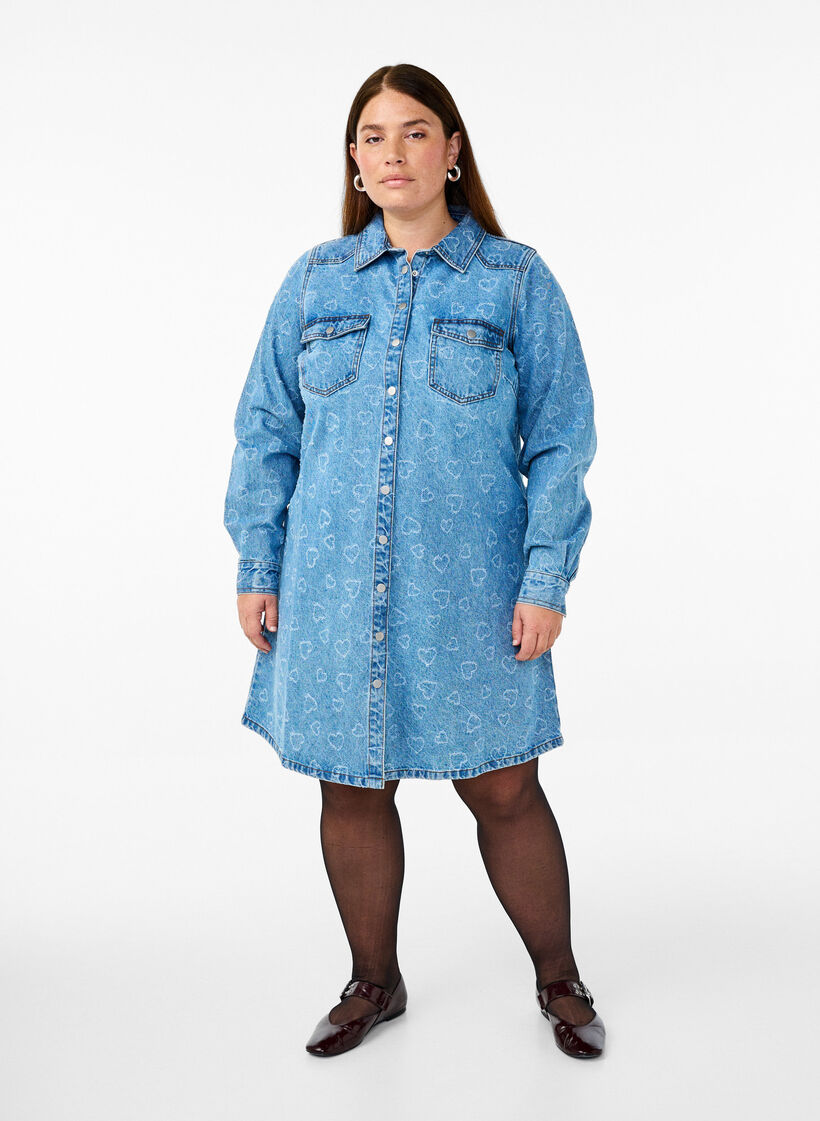 Denim dress with heart pattern, Blue, Model image number 1