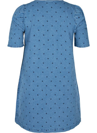 Dotted denim dress with short puff sleeves, Blue denim w. Dot, Packshot image number 1
