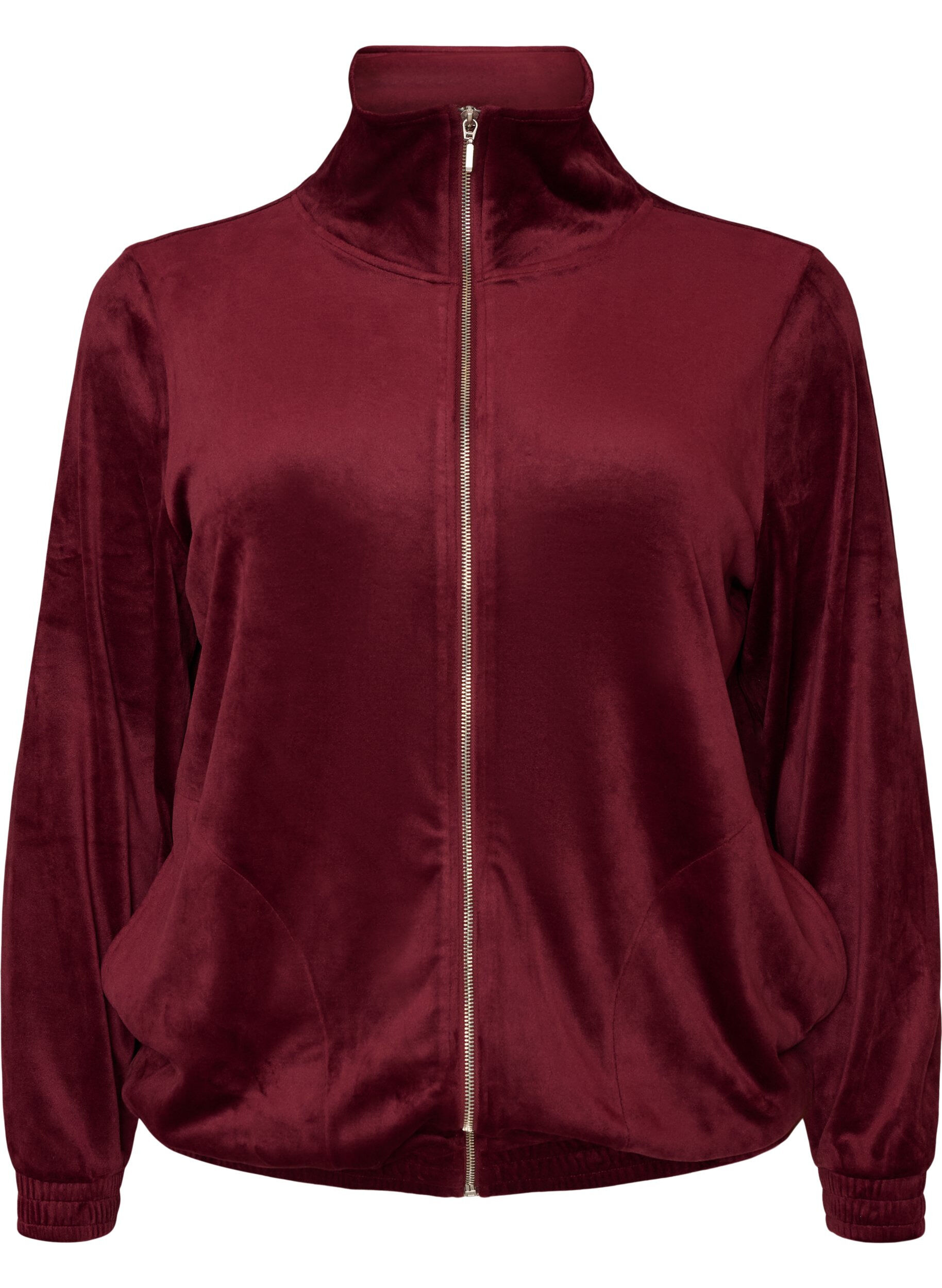 ZizzifashionSoft velour cardigan with a zipper and high collar, Red, Packshot image number 0