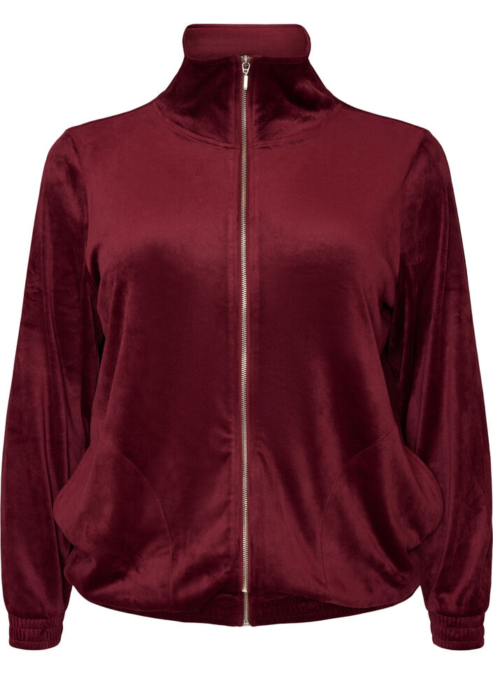 Soft velour cardigan with a zipper and high collar, Red, Packshot image number 0