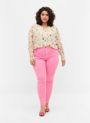 Floral blouse with long sleeves and v neck, White/Pink Flower, Model image number 2