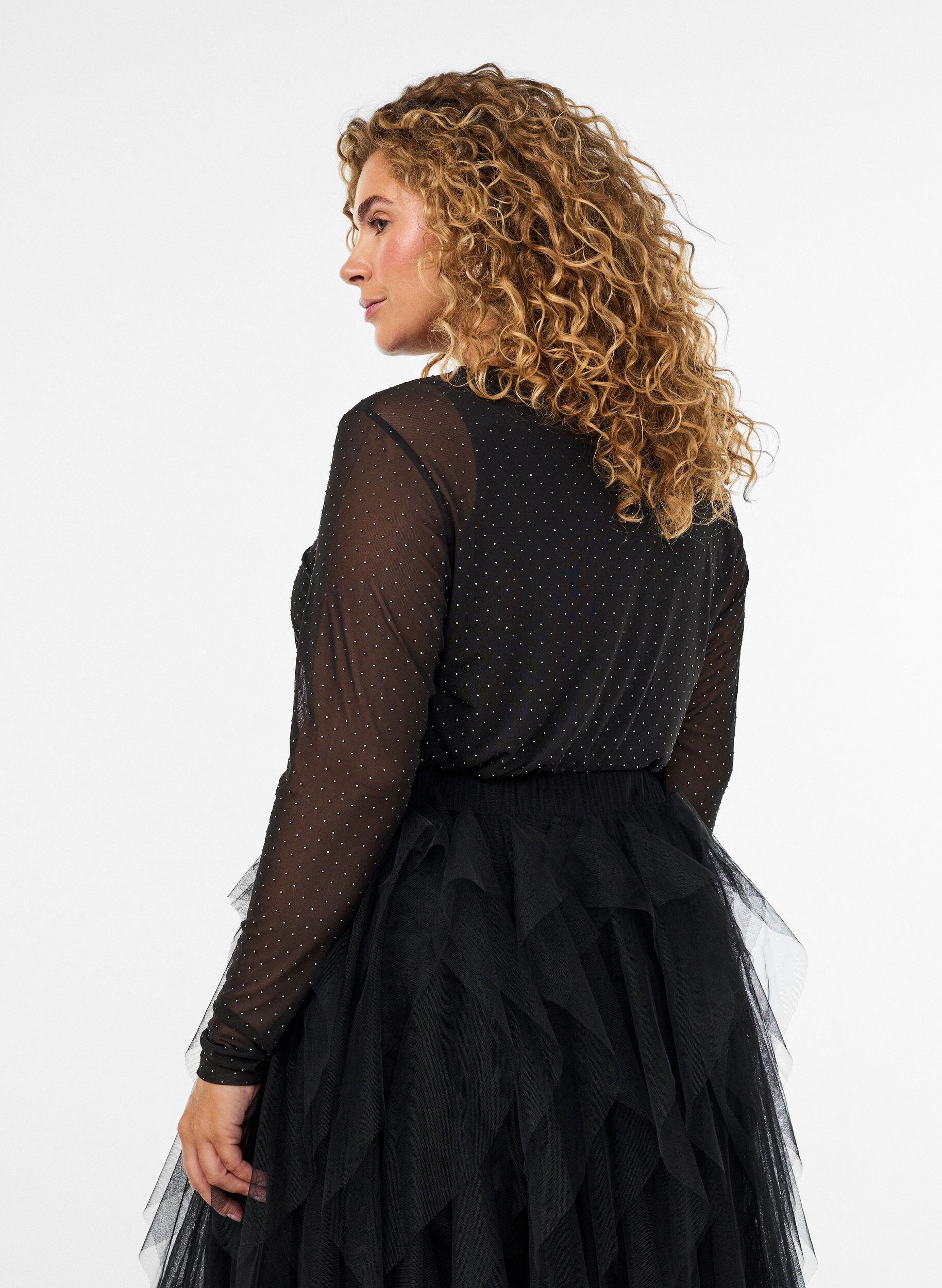 ZizzifashionSheer mesh blouse with rhinestones, Black, Model image number 2