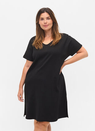 Short-sleeved cotton dress in rib knit, Black, Model image number 0