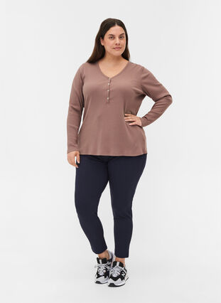 Long sleeve ribbed blouse with button detailing, Deep Taupe, Model image number 2