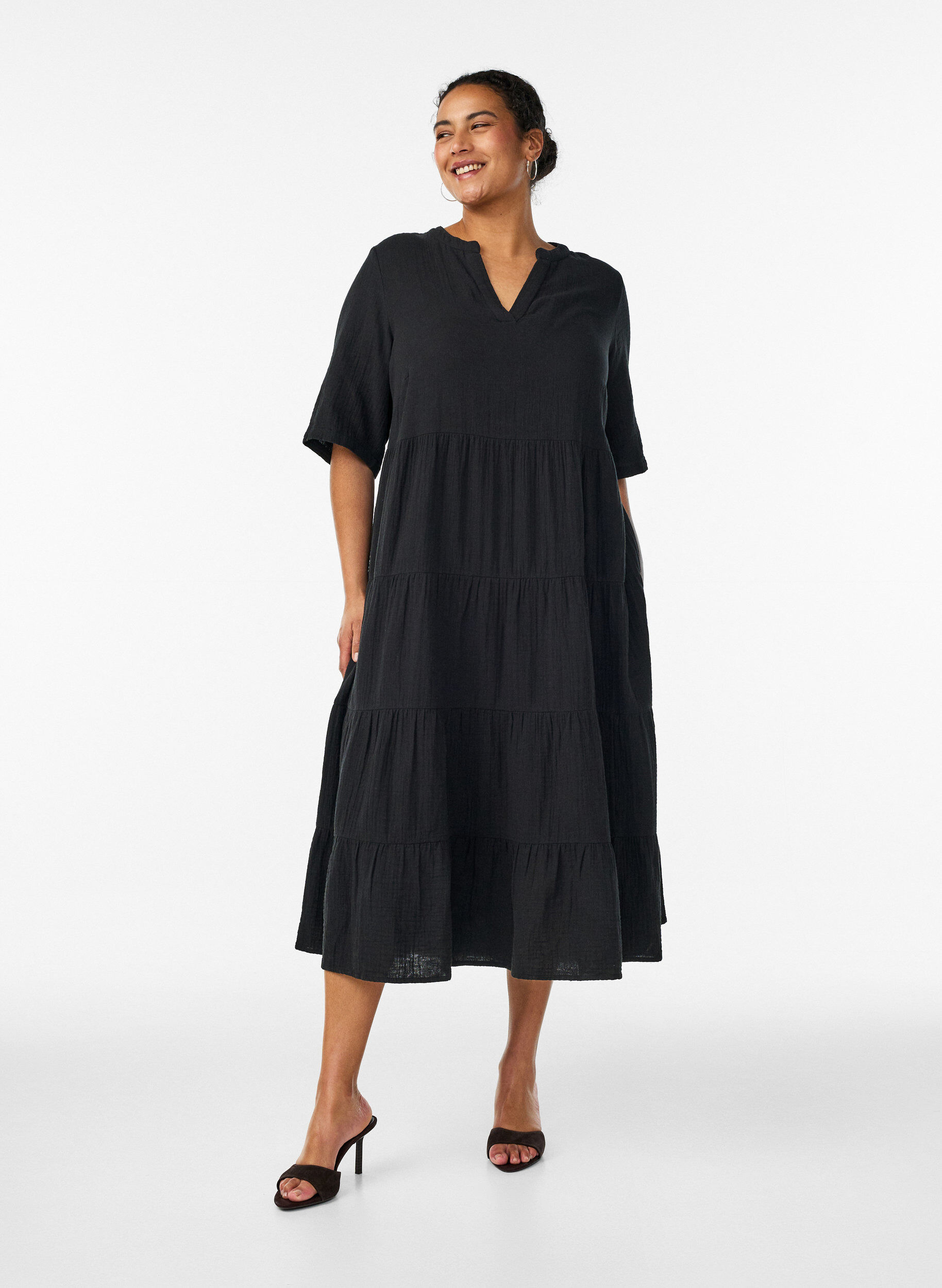 Zizzifashion A-line midi dress in cotton muslin, Black, Model image number 1