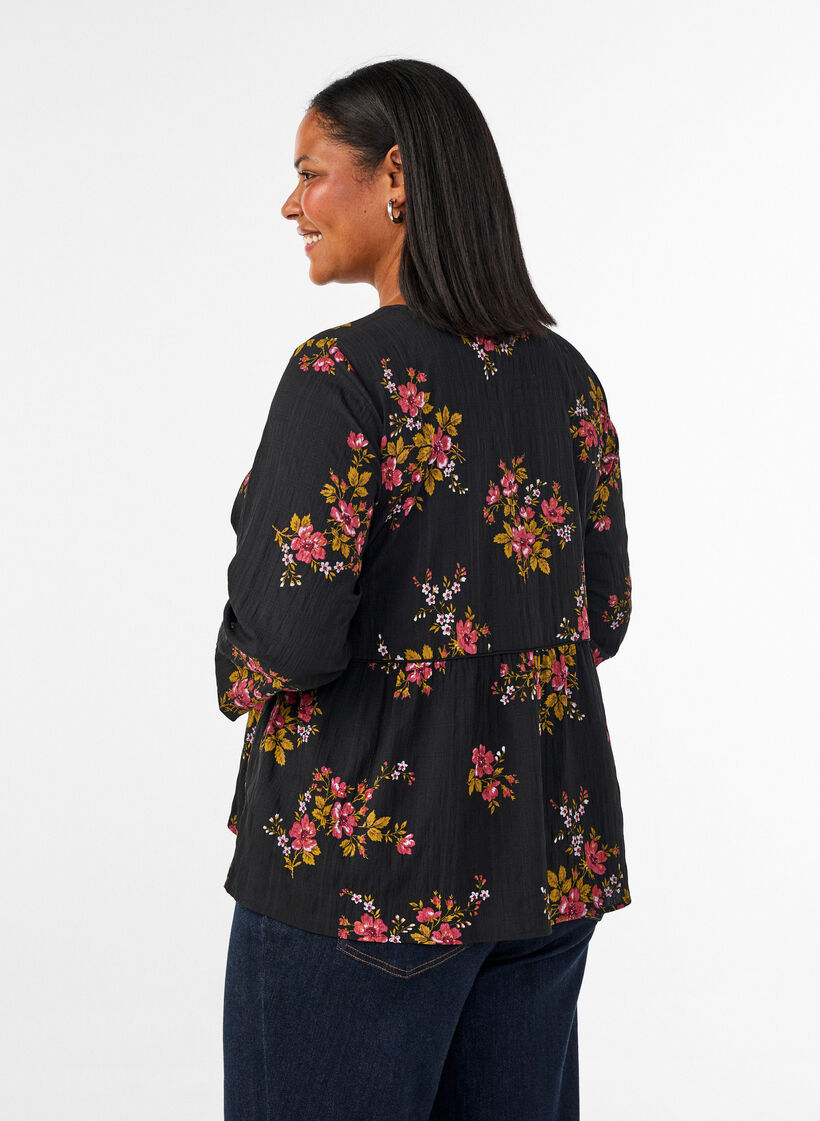 Long-sleeved blouse with floral print, Black, Model image number 2