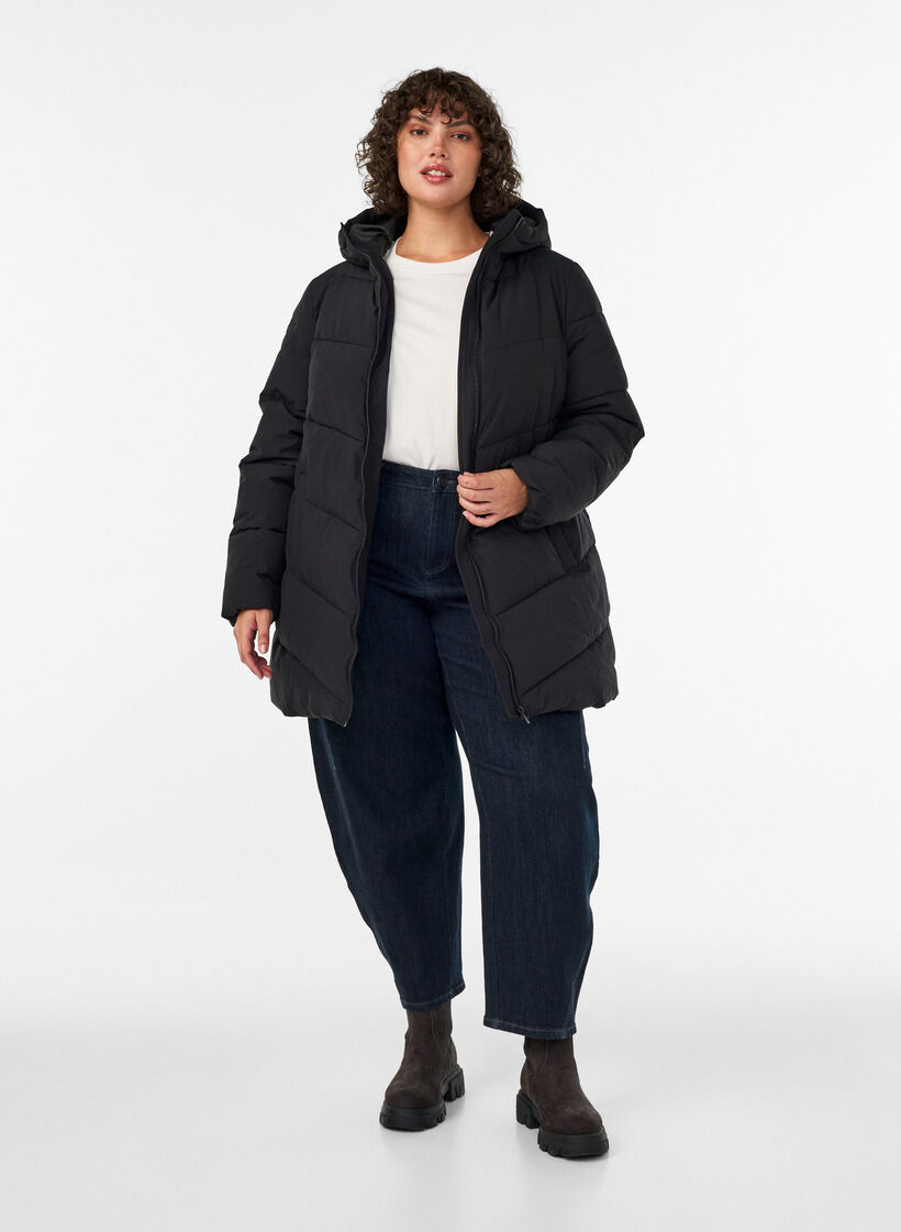 Mid-length puffer jacket with hood, Black, Model image number 1