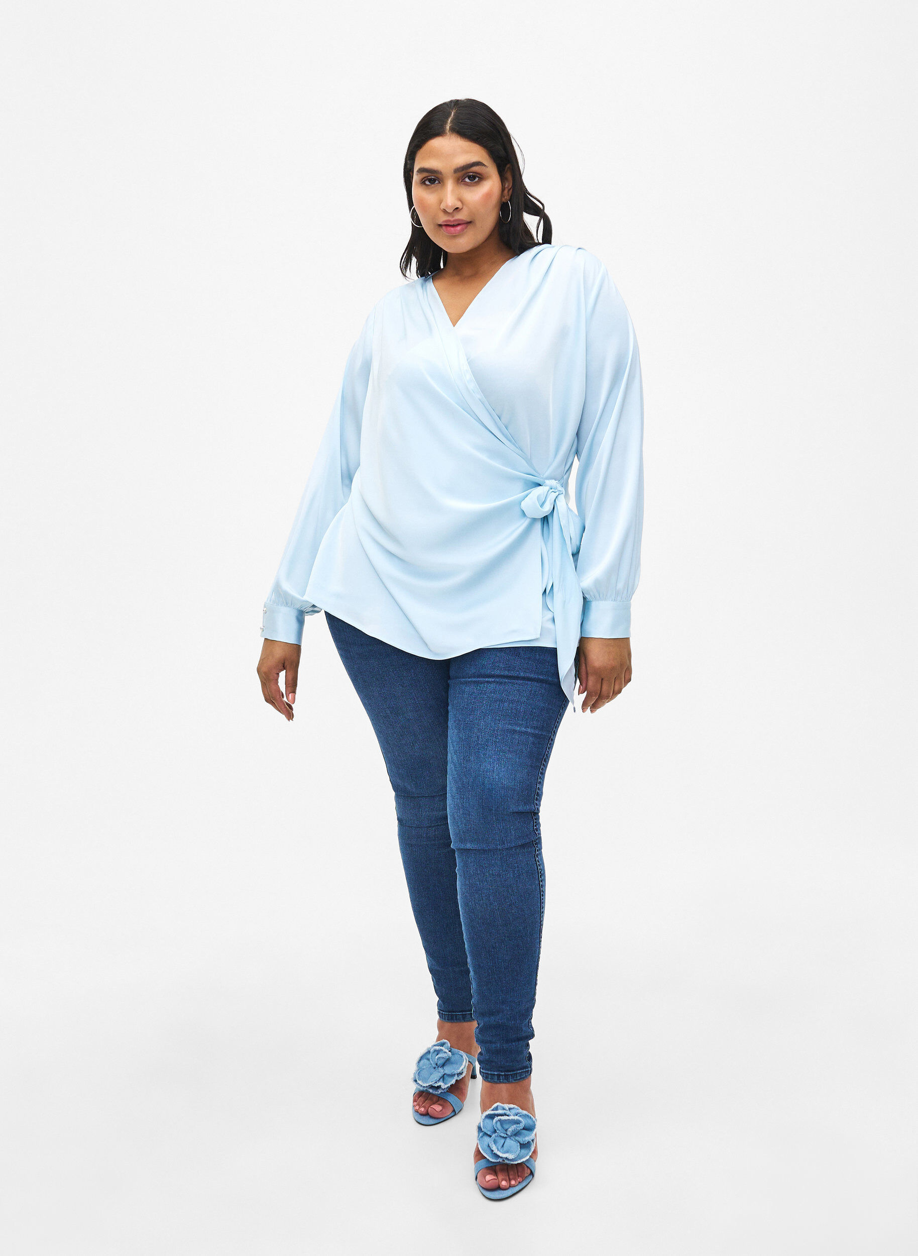 Zizzifashion Satin party blouse with wrap, Delicate Blue, Model image number 2