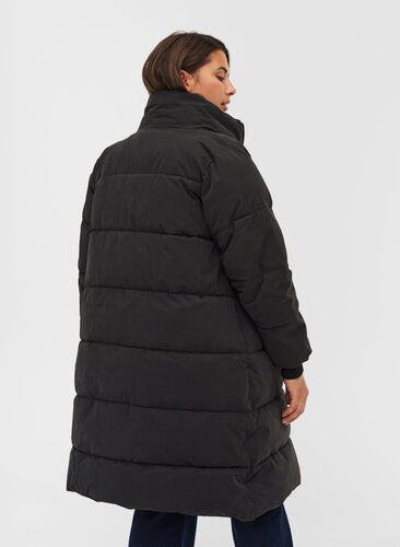 Long puffer jacket with zipper, Black, Model image number 1