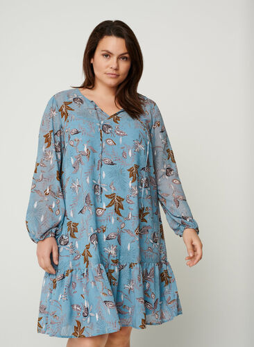 Long-sleeved floral dress, Light Blue AOP, Model image number 0
