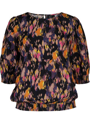Printed viscose blouse with smock and 3/4 sleeved, Black AOP, Packshot image number 0