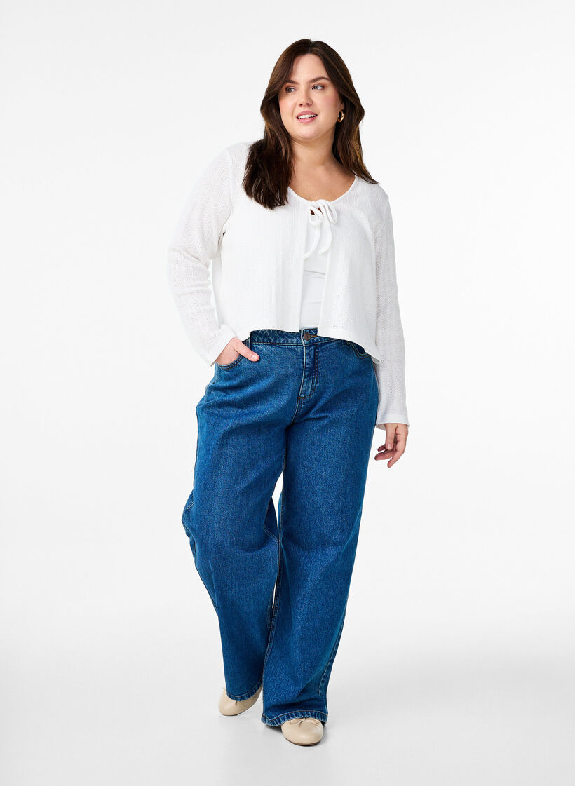 Jersey cardigan with texture and tie front, White, Model image number 1