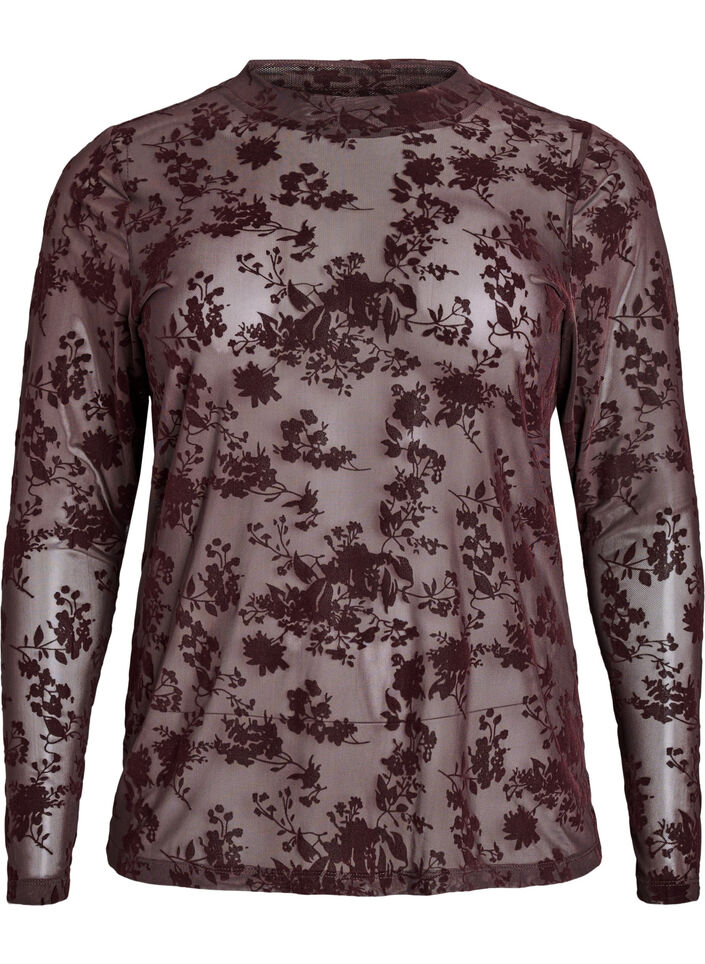 Mesh blouse with floral pattern, Brown, Packshot image number 0