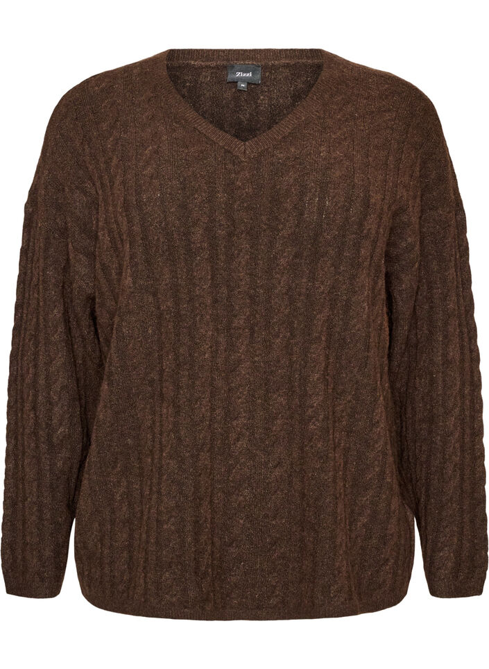 Knitted blouse with cable knit and V-neck, Brown, Packshot image number 0