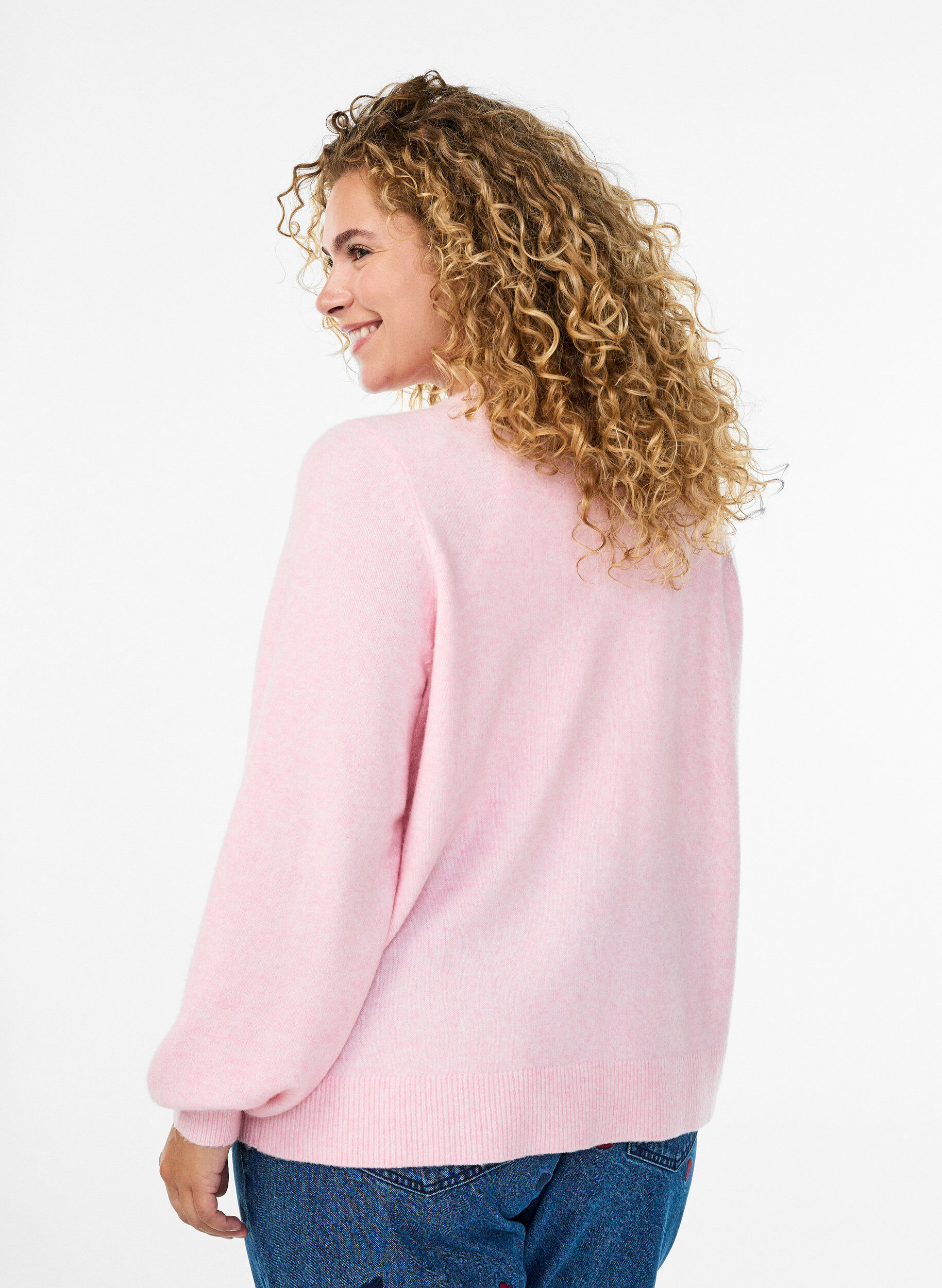 ZizzifashionCardigan in soft knit with gold-coloured buttons, Rose, Model image number 2
