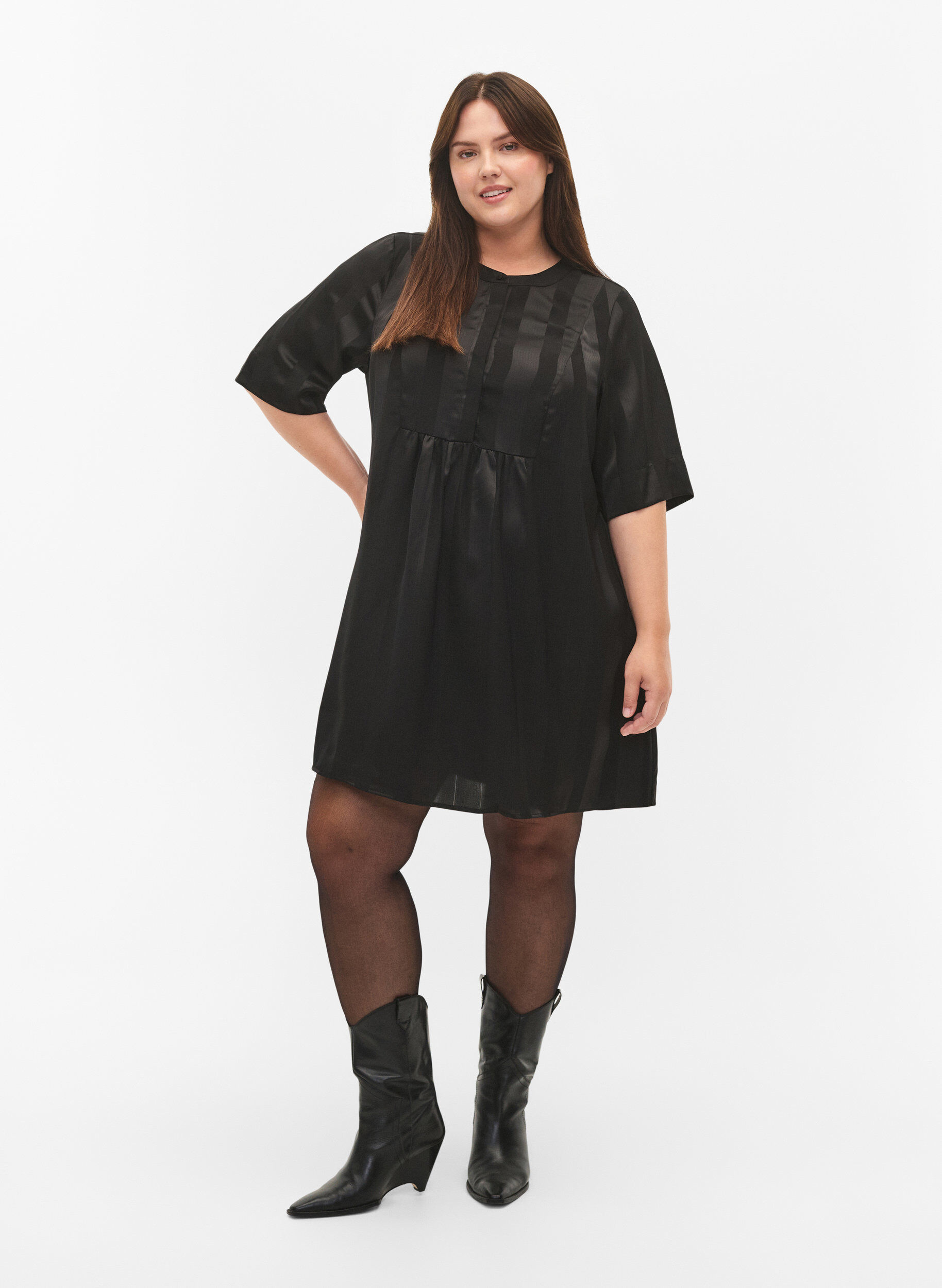 Zizzifashion A-line dress with stripes and 1/2 sleeves, Black, Model image number 2