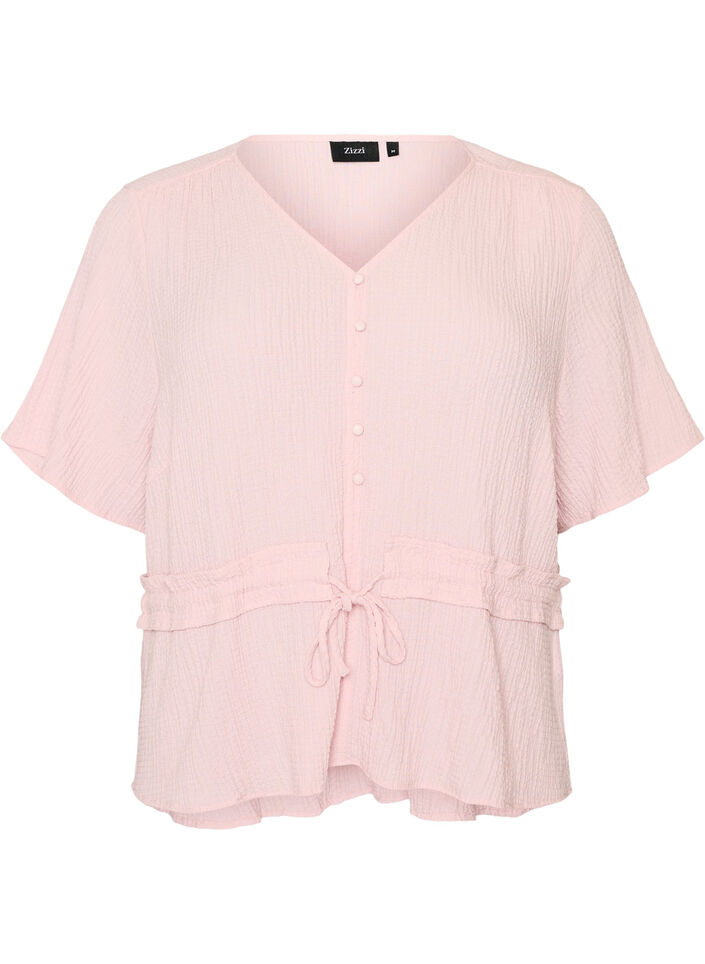 Blouse with texture and a tie-waist, Pink, Packshot image number 0