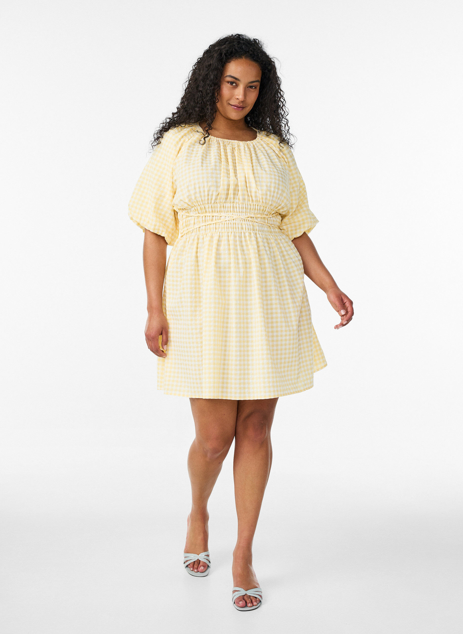Zizzifashion Short small check dress with balloon sleeves, Yellow, Model image number 1